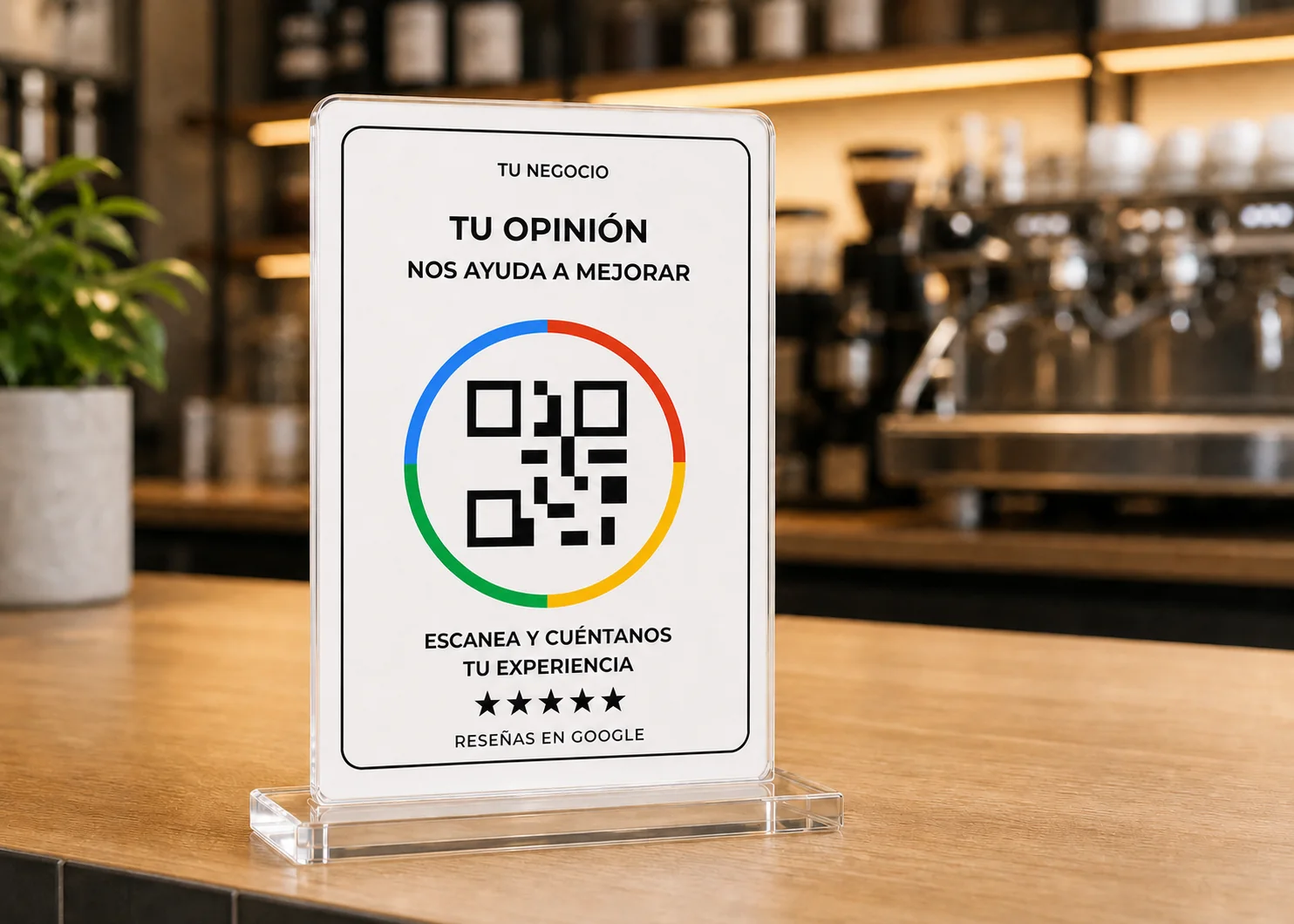 Recreación digital de la placa de reseñas QR sobre el mostrador de una cafetería