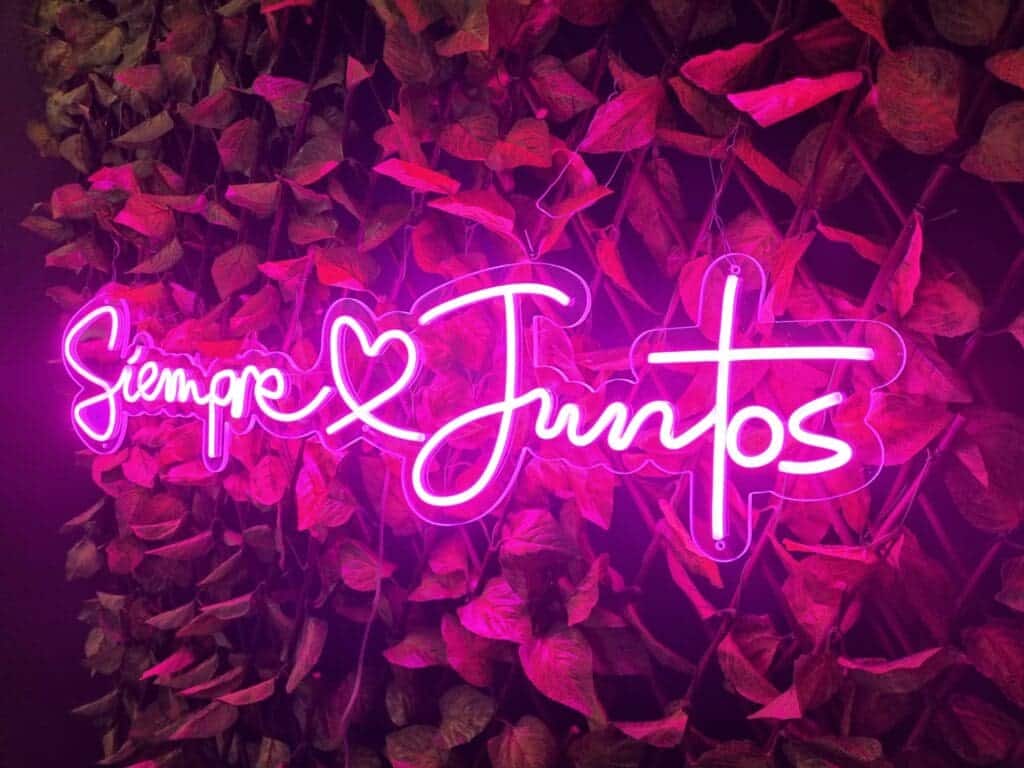 Cartel de Neón Siempre Juntos sobre un fondo frondoso con las palabras en español "Siempre Juntos" y un símbolo de corazón.