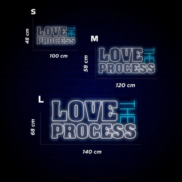 El logo de Neón Love the process se muestra sobre un fondo azul.
