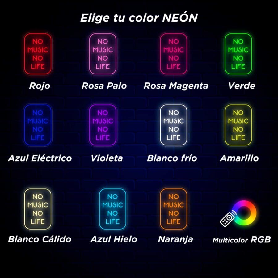 Un juego de luces Neón No Music No Life con diferentes colores.