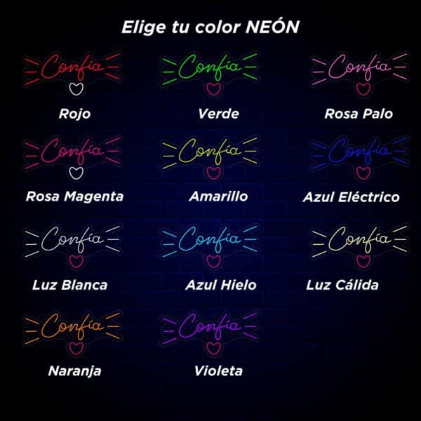 Un grupo de diferentes colores con la palabra Neón Confía para colorear neón.