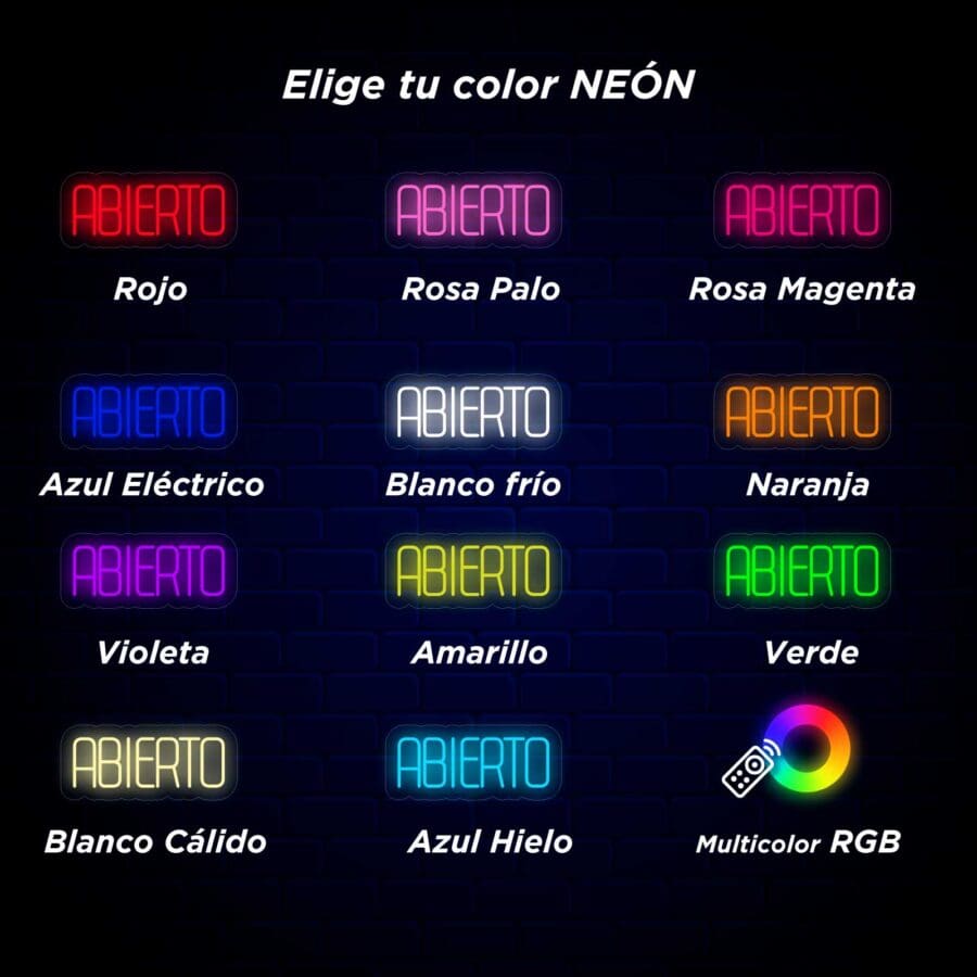 Un grupo de carteles de Neón Abierto con diferentes colores.
