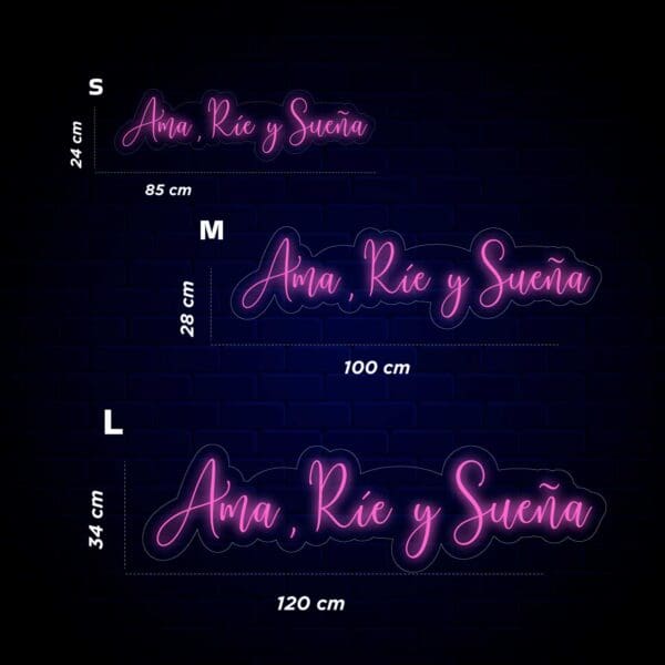 Un cartel de neón con las palabras 'Neón Ama, Ríe y Sueña'.