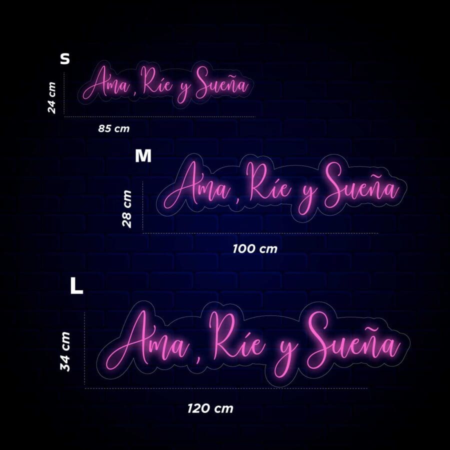 Un cartel de neón con las palabras 'Neón Ama, Ríe y Sueña'.