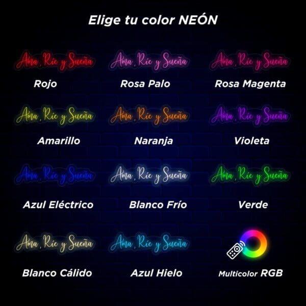 Un grupo de carteles de Neón Ama, Ríe y Sueña con diferentes colores.