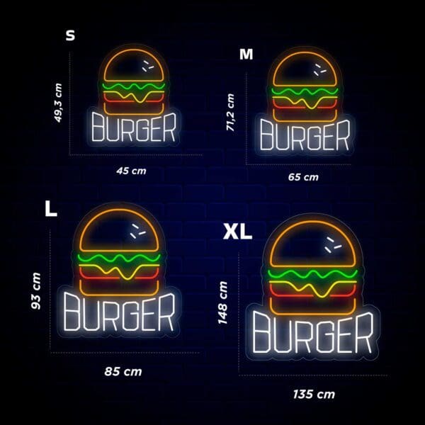 Un conjunto de Neón Letrero Burger con la palabra hamburguesa en ellos.
