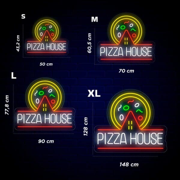 Letrero de neón Pizza House Open Burger con diferentes tamaños en una pizzería.