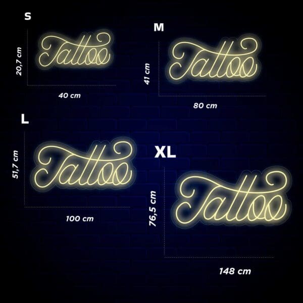 Neón Tattoo Línea Fina ofrece una vibrante colección de signos de tatuaje, disponibles en varios tamaños.