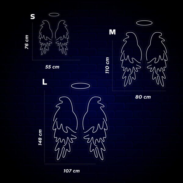 Un diagrama que muestra varios tamaños de Alas de Ángel Neón y halo de ángel.