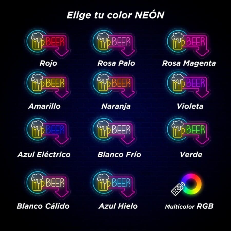 Una lista de diferentes colores de luces Neón Beer con Flecha.