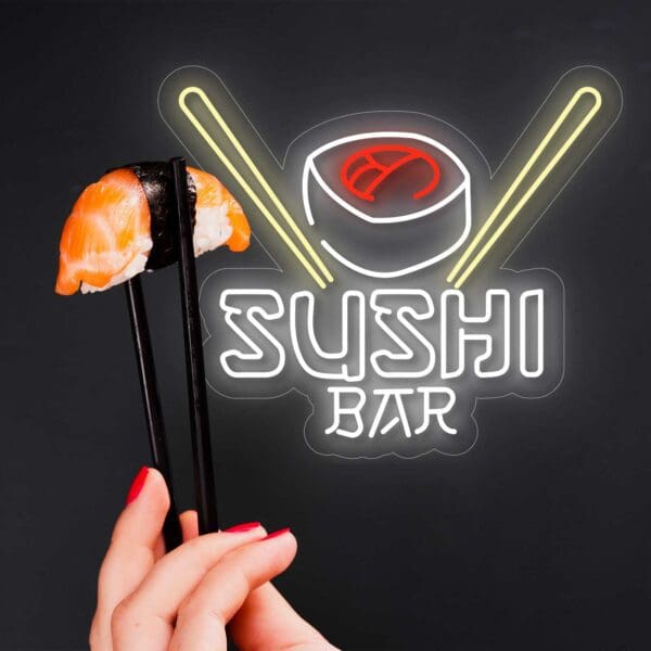 Cartel de neón de la barra de sushi con palillos.