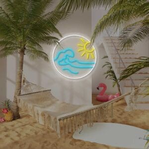 Una escena de playa con palmeras de Neón Ola y una hamaca.