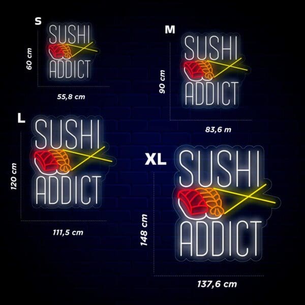 Un grupo de logotipos de Neón Sushi Addict.