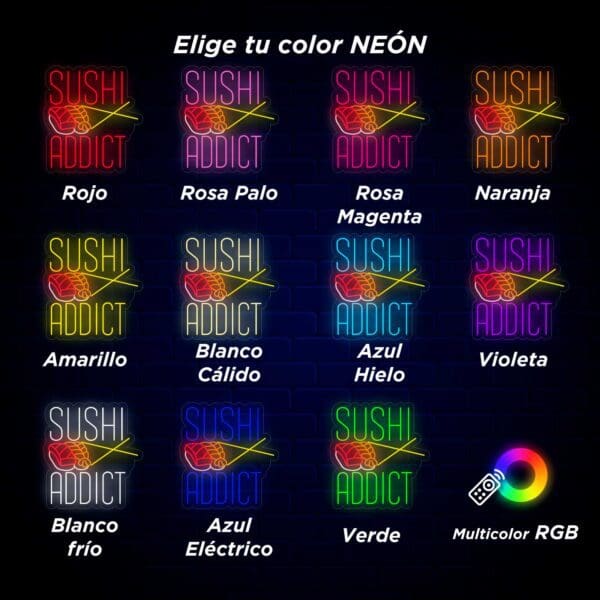 Una colección de logotipos de vibrantes colores neón que muestran la marca Neón Sushi Addict.
