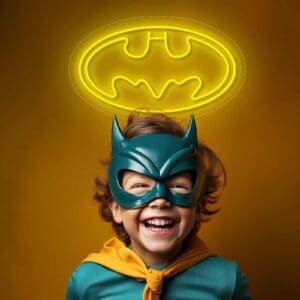 Un niño con un disfraz de Batman de neón con un símbolo de murciélago de neón, iluminado por una bombilla de neón.