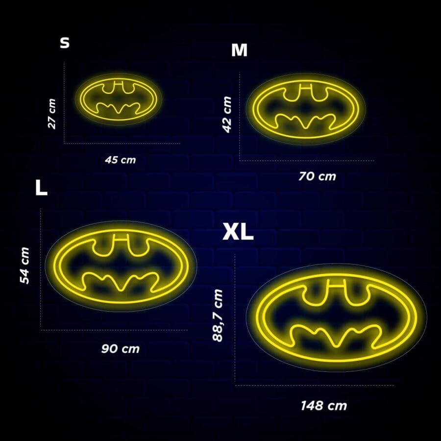 Una tabla de tallas y logos de Neón Batman.