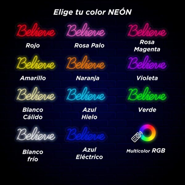 Un vibrante letrero de Neón Believe que muestra la palabra "believe" en una multitud de colores vivos.