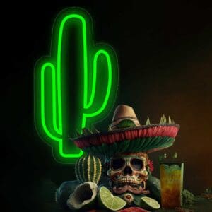 Un Cactus Neón con sombrero, inspirado en los colores vibrantes y el espíritu de Sol y Mar.