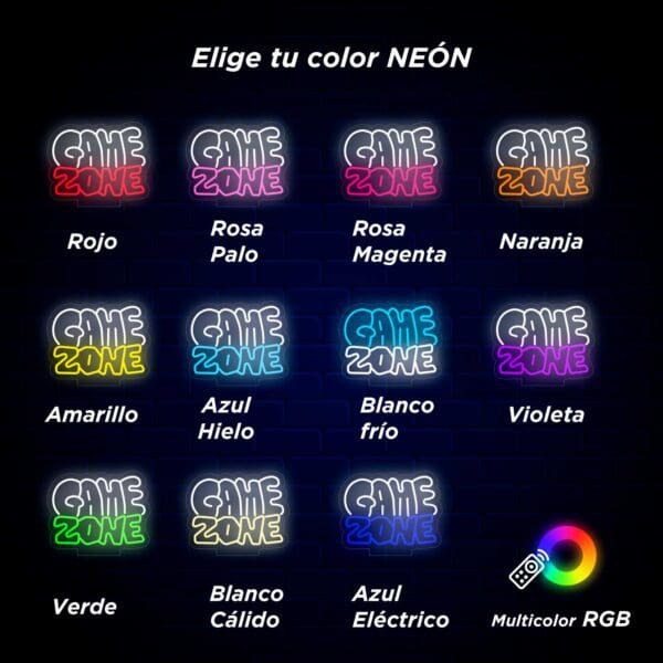 Un letrero de Lámpara de Néon Game Zone que dice zona de juego en diferentes colores.