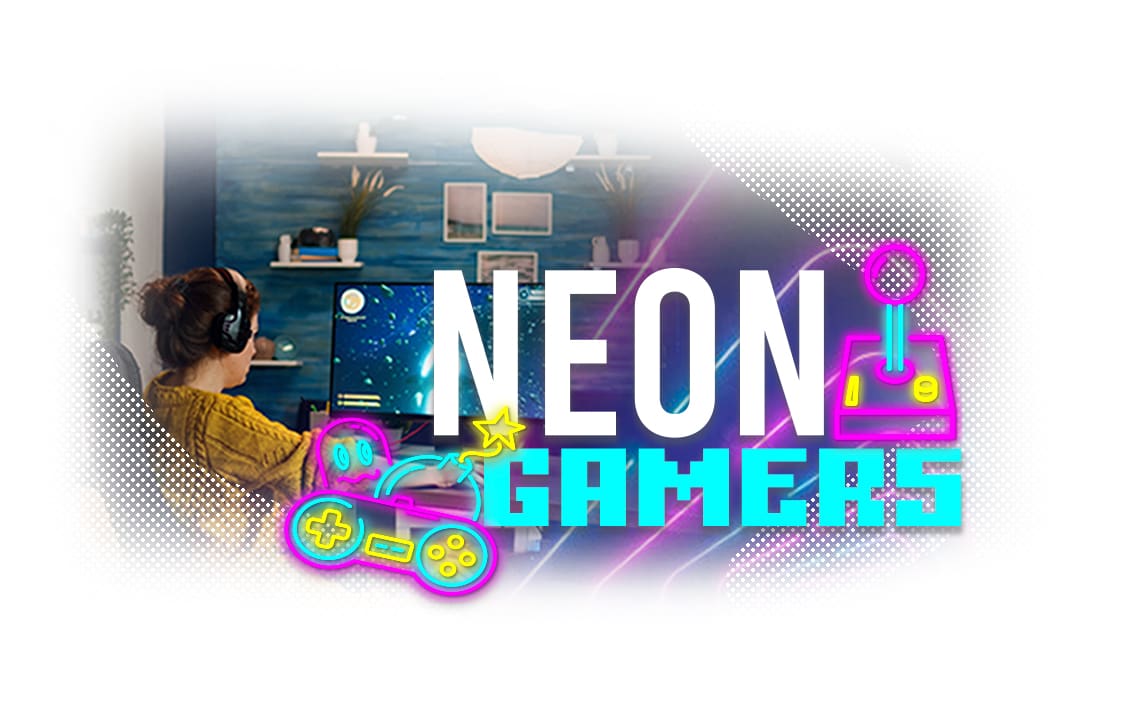 Una persona que usa audífonos inmersa en juegos con vibrantes gráficos de neón y texto temático "neon gamers".