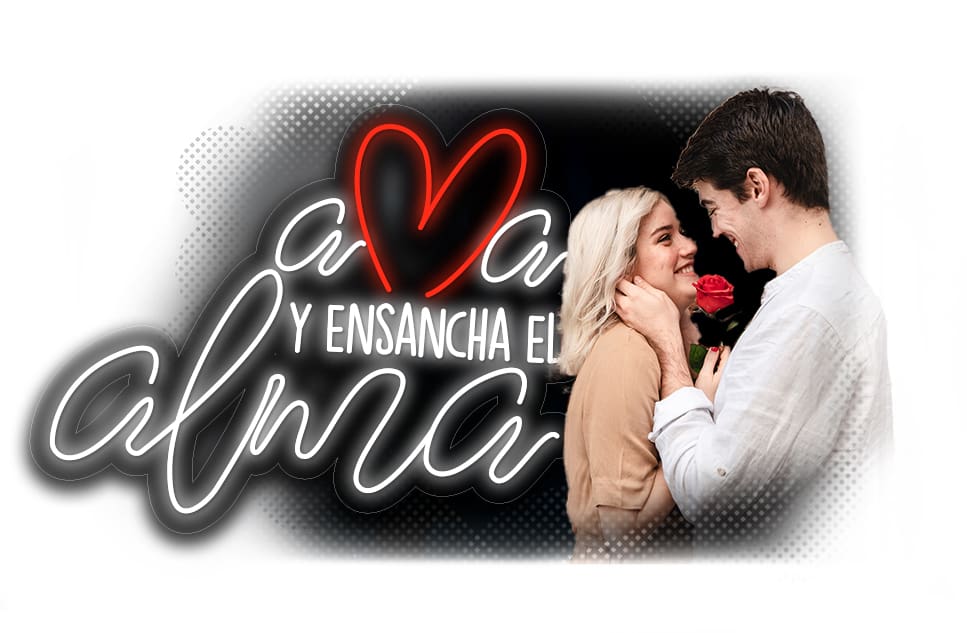 Una pareja en un abrazo amoroso con una frase romántica en español "y ensancha el alma" y un corazón estilizado al fondo.