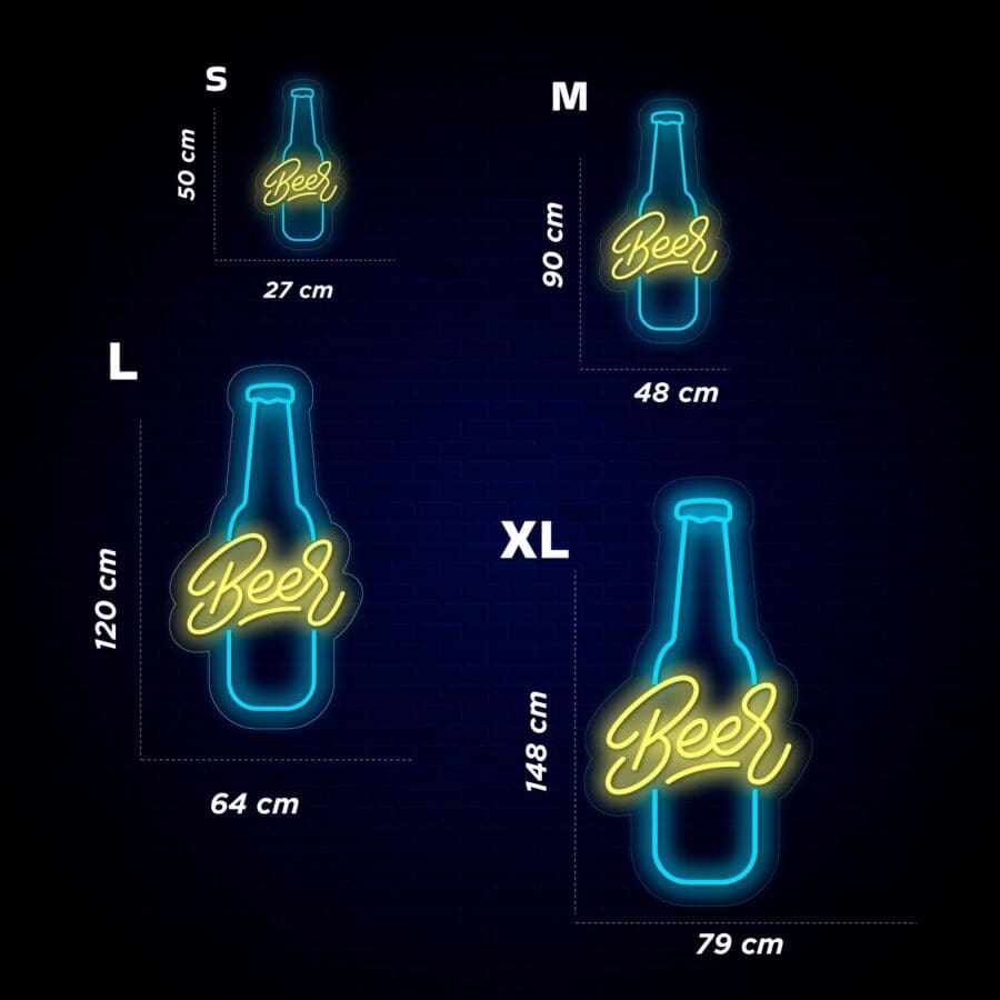 Letreros de cerveza Neón Botella en cuatro tamaños etiquetados s, m, l y xl con las respectivas alturas y anchos indicados, sobre un fondo de cuadrícula oscura.