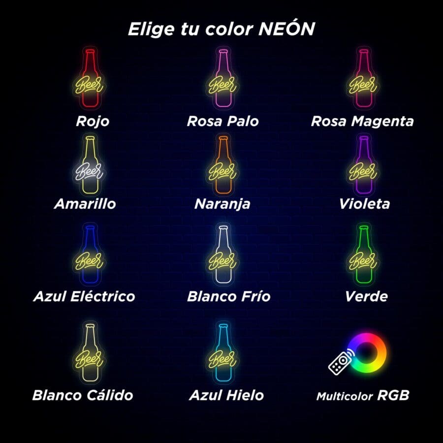 Ilustración que muestra doce carteles de Neón Botella Beer con forma de botellas de cerveza, cada uno en diferentes colores, incluida una opción RGB multicolor, sobre un fondo oscuro con el texto "elige tu color neón".