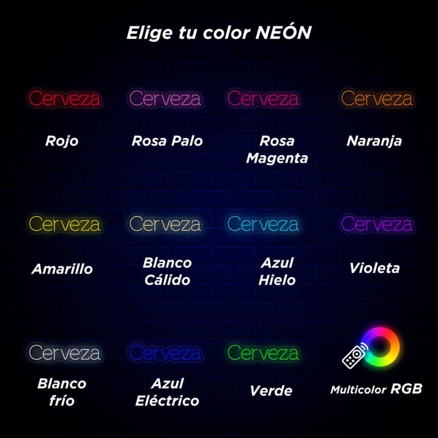 Tabla de selección de colores para Neón Letrero Cerveza con nombres en español, que ofrece opciones como rojo, rosa pálido y azul eléctrico, representados sobre un fondo negro con un ícono de paleta RGB multicolor con la palabra clave "Neón Letrero Cerveza".