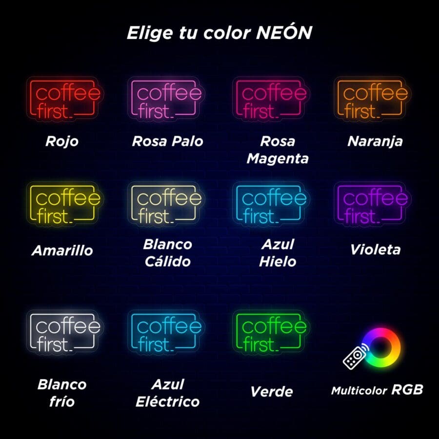 Gráfico de letreros de "León Coffee First" en varios colores con etiquetas en español como rojo, rosa palo, etc., y un control remoto de ajuste de color en la parte inferior derecha.