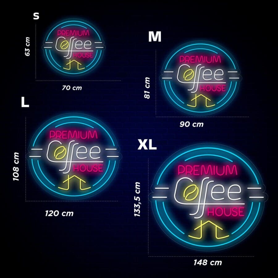 Cuatro letreros Neón Coffe House Premium de diferentes tamaños etiquetados "Neón Coffe con Taza" en azules y amarillos neón, con dimensiones de tamaño previstas para s, m, l y xl.