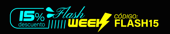 Banner que muestra "15% descuento Flash WEEK" con un rayo amarillo y el código promocional "FLASH15" en texto amarillo sobre fondo negro.