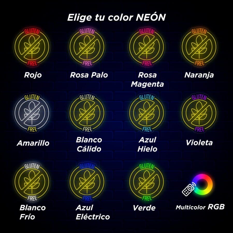 Guía de selección de Neón Gluten Free que muestra varios íconos de colores neón etiquetados en español, cada uno de los cuales indica "sin gluten", sobre un fondo oscuro con una opción RGB multicolor en la parte inferior derecha. Entre estos, un neón