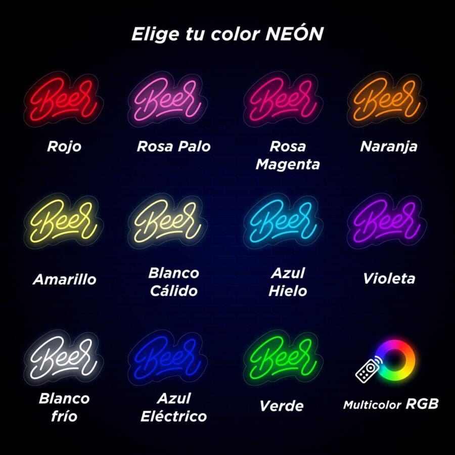Opciones de cerveza Neon Letrero que muestran la palabra "cerveza" en forma de botella, en varios colores como rojo, rosa, naranja, amarillo, blanco cálido, blanco frío, azul eléctrico, azul cielo, morado.