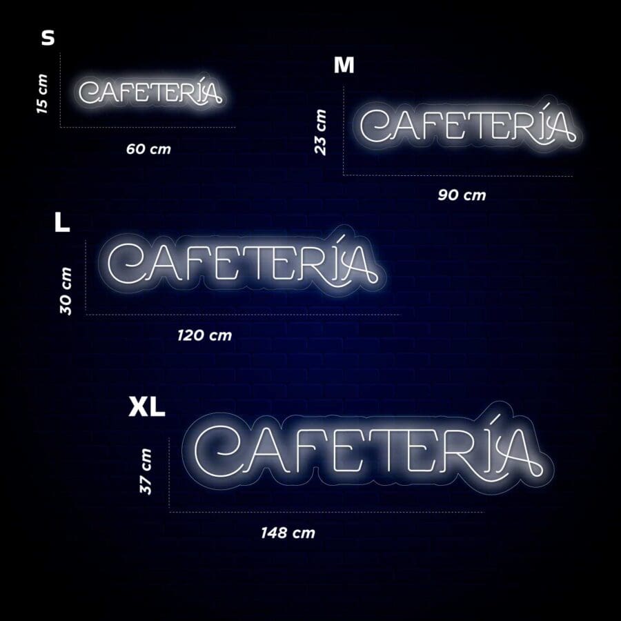 Cuatro letreros de neón que dicen "Coca-Cola" en diferentes tamaños, desde pequeño hasta extra grande, con dimensiones etiquetadas, mostrados sobre un fondo oscuro.
