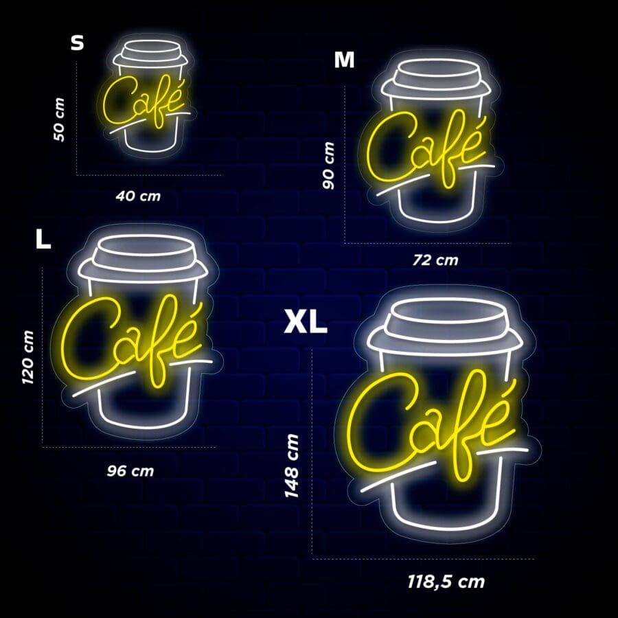 Cuatro carteles de Neón Vaso de Café con forma de tarros de café de varios tamaños (s, m, l, xl) con la palabra "Neón Vaso de Café" iluminados, expuestos con sus dimensiones sobre un fondo oscuro.