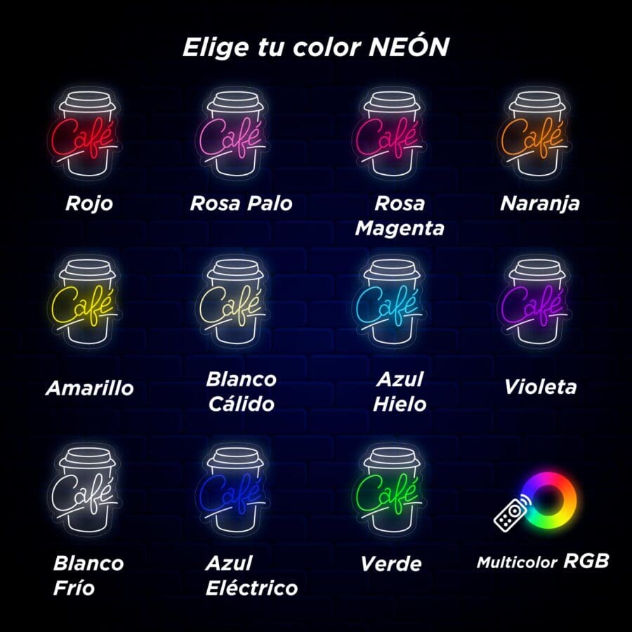 Gráfico que muestra letreros de Neón Vaso de Café en varios colores con forma de tazas de café, cada uno etiquetado en español con colores que incluyen rojo, rosa pálido y violeta, sobre un fondo oscuro con un selector de color de neón.