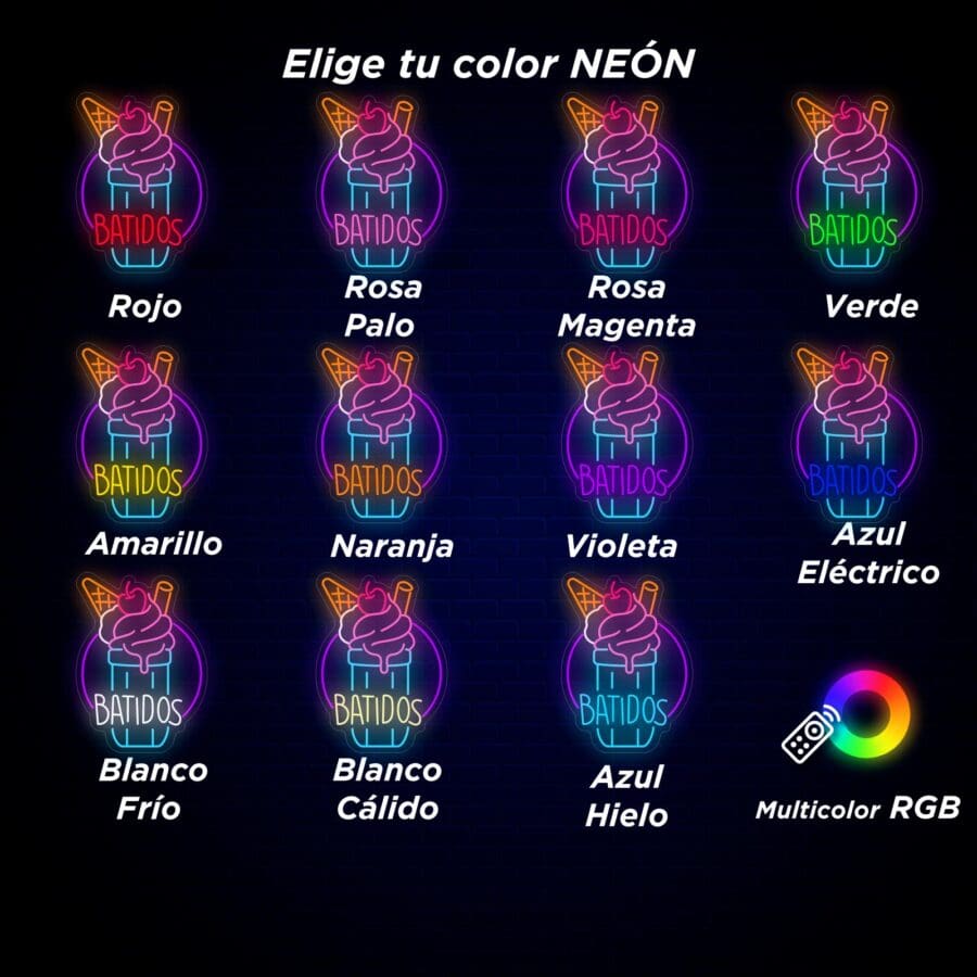 Se muestran las opciones de Neón Batidos que muestran una silueta de unicornio en varios colores con etiquetas como "rosa palo", "verde" y "azul eléctrico" sobre un fondo oscuro, con un