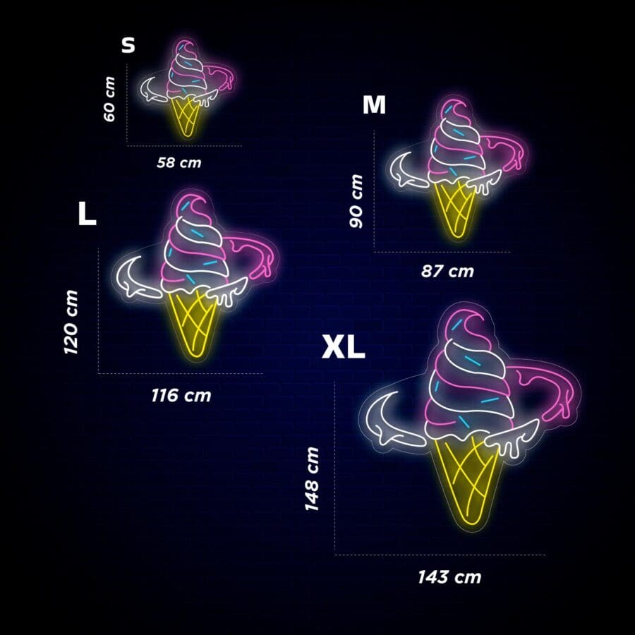 Gráfico que muestra cuatro conos Neón Cucurucho Helado en tamaños S, M, L y XL, cada uno con diferentes dimensiones, mostrados junto a ellos sobre un fondo oscuro.
