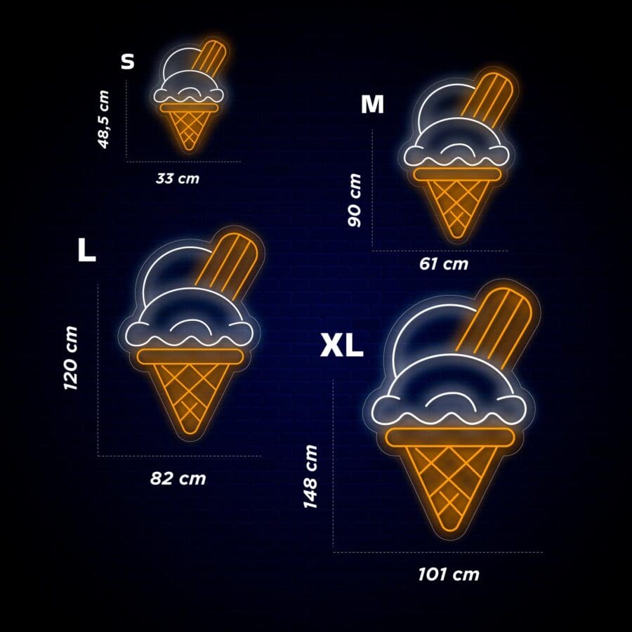 Cuatro gráficos Neón Helado Barquillo en varios tamaños etiquetados s, m, l, xl sobre un fondo oscuro, con dimensiones proporcionadas para cada uno.