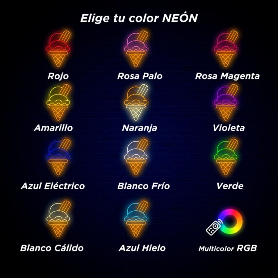 Gráfico de Neón Helado Barquillo en varios colores etiquetados en español, incluidos rojo, rosa, amarillo y más, mostrado sobre un fondo oscuro.