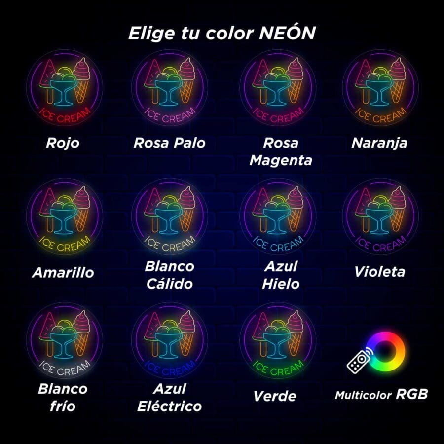 Carta de colores que muestra varias opciones de colores de neón para un logotipo de Neón ICE Cream, con opciones como "rojo neón" y "azul eléctrico" mostradas en español, sobre un fondo oscuro.