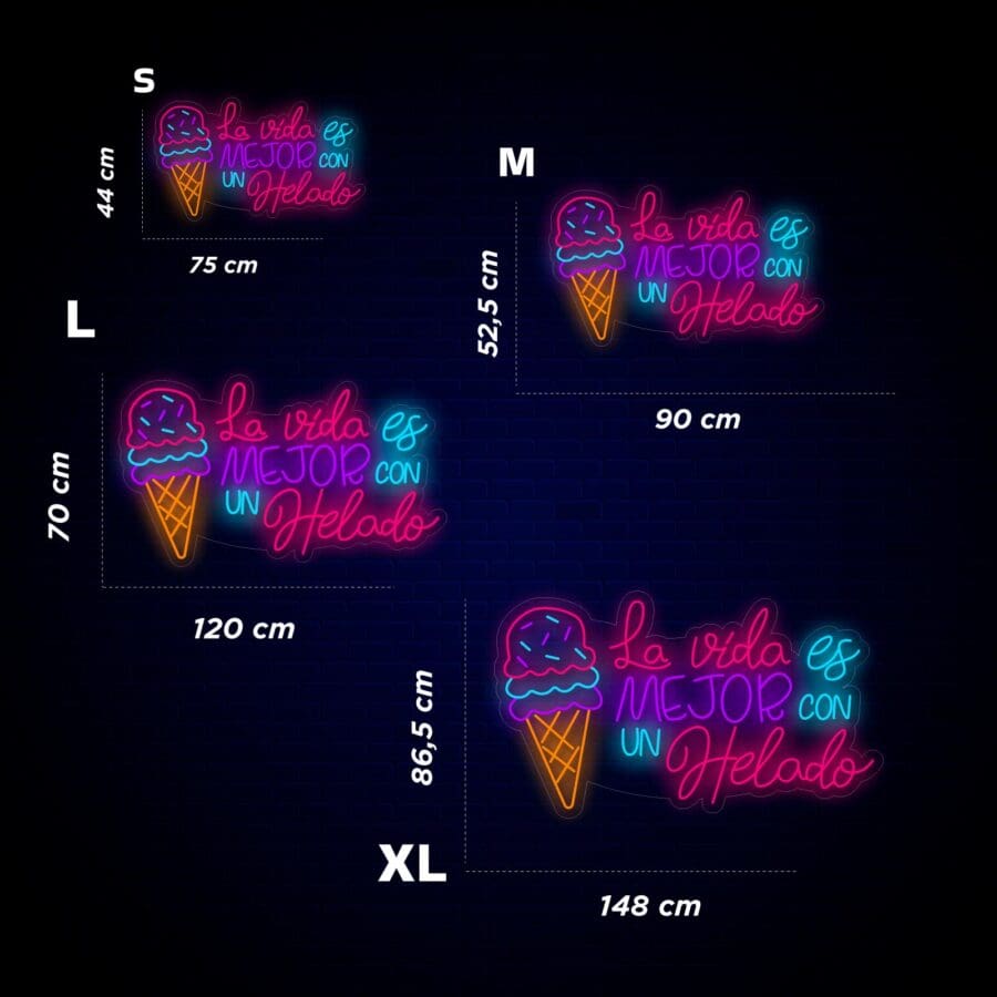 Cuatro carteles de Neón La Vida es Mejor con un Helado en diferentes tamaños que representan batidos, cada uno con el texto "la vida es mejor con un helado" en diferentes colores.