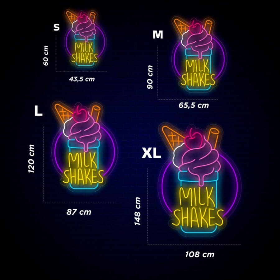Cuatro letreros de neón en diferentes tamaños etiquetados como S, M, L, XL, cada uno de los cuales representa un cono de helado con el texto Neón Milkshakes, incluidas las dimensiones para cada tamaño.