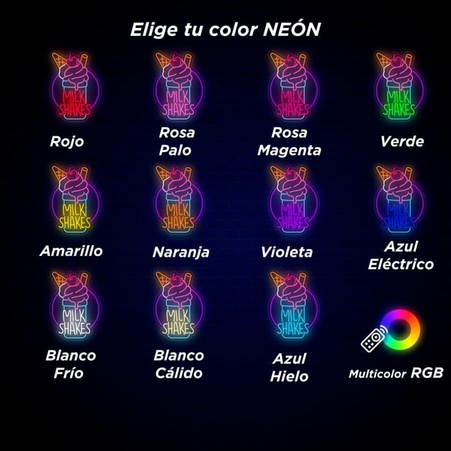 Cuadrícula de letreros de neón en varios colores, cada uno etiquetado con nombres de colores en español, promocionando Neón Milkshakes, junto con una rueda de colores en la parte inferior derecha.
