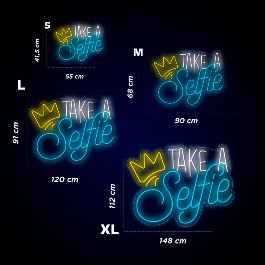 Gráfico que muestra cuatro letreros de neón "Neón Take a Selfie" en diferentes tamaños: pequeño (55 cm), mediano (68 cm), grande (90 cm) y extragrande (112 cm), con ilustraciones de coronas.