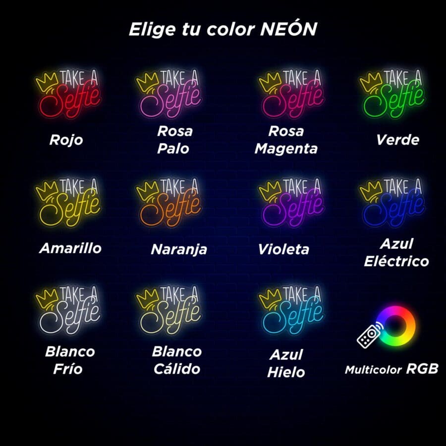 Gráfico que muestra letreros de neón "Neón Take a Selfie" en varios colores con una rueda de selección de color en la esquina inferior derecha, sobre un fondo oscuro.
