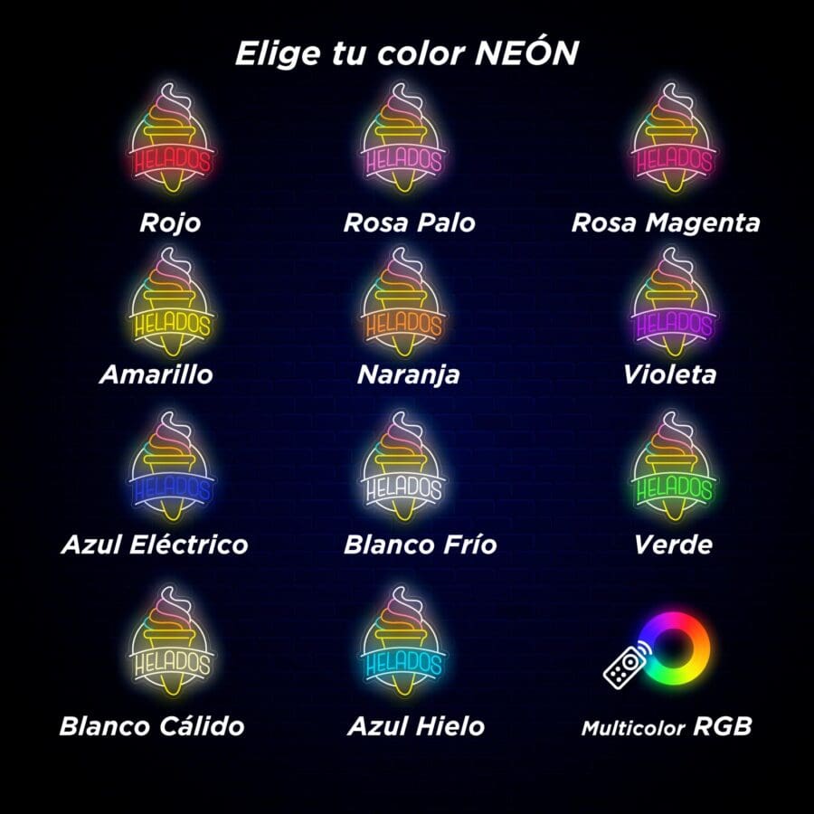 Cuadrícula de Neón Letrero Helados en varios colores, cada uno etiquetado en español (por ejemplo, Neón, Cucurucho, Helado), con un ícono de paleta RGB multicolor en la esquina.