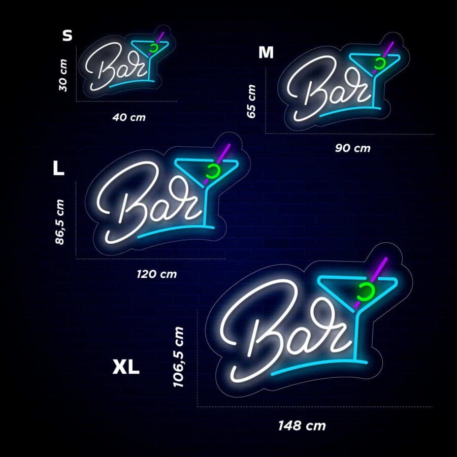 Una imagen que muestra Neón Bar Cócteles en cuatro tamaños (S, M, L, XL) con dimensiones. Los letreros de neón presentan la palabra "Bar" en cursiva y una copa de martini con una aceituna y una pajita. Perfecto para agregar un ambiente moderno a tu espacio o un fondo divertido para tomarte una selfie.