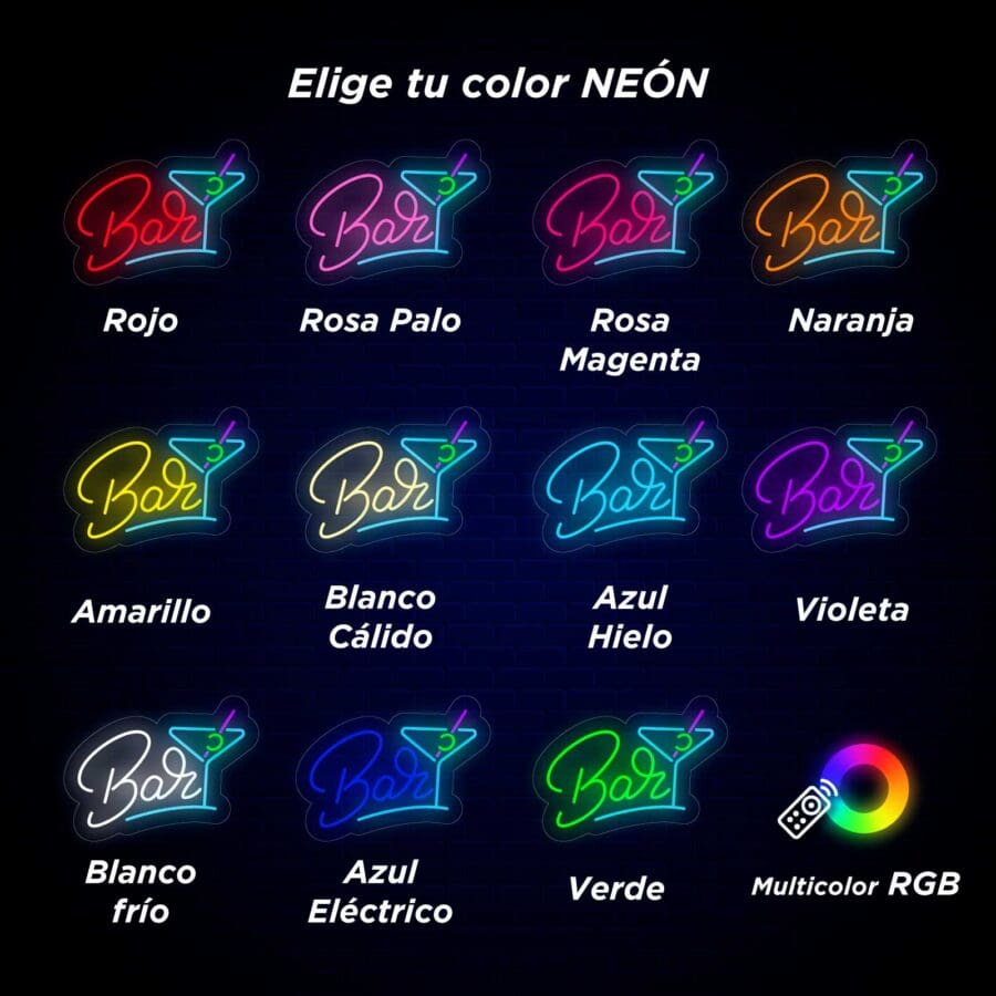 Imagen de carteles de barras de neón en varios colores. Cada letrero representa la palabra "Bar" y una copa de cóctel, etiquetada por color: rojo, rosa claro, magenta, naranja, amarillo, blanco cálido, azul hielo, violeta, blanco frío, azul eléctrico, verde. En la parte inferior derecha se muestra una opción RGB multicolor con control remoto. ¡Perfecto para ese momento Neón Bar Cócteles!