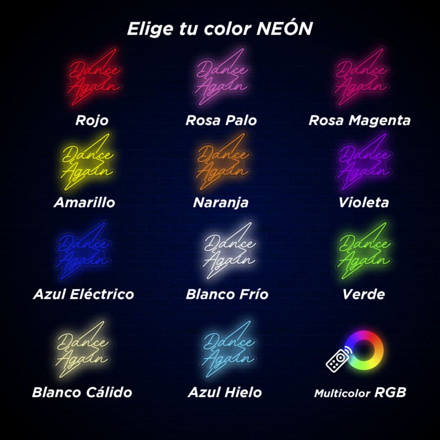 Una cuadrícula de opciones de color de Neón Dance Again para el texto "Dance Again" en español. Los colores incluyen variaciones como rojo, rosa, amarillo, azul, blanco, verde, blanco cálido y una opción RGB multicolor. ¡Tómate una selfie con tu tono de neón favorito!